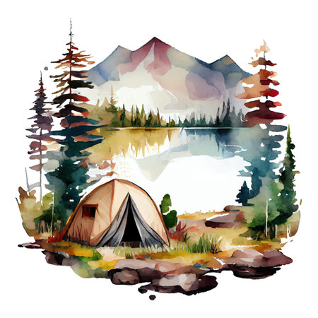 Watercolor camping tent, campsite with campfire, lake, river, nature landscape illustration. Generative AIの素材