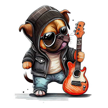 Watercolor cute rock-n-roll dog, puppy with guitar illustration. Generative AIの素材