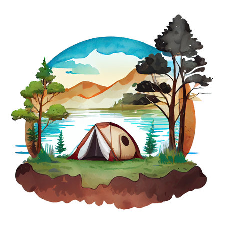 Watercolor camping tent, campsite with campfire, lake, river, nature landscape illustration. Generative AIの素材