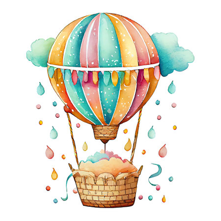 Watercolor hot air balloon in the sky, colorful vintage  illustration. Generative AIの素材