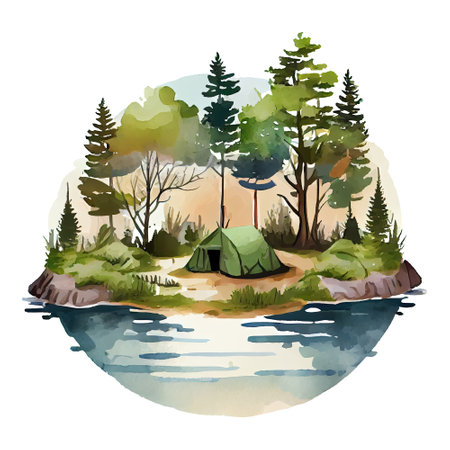 Watercolor camping tent, campsite with campfire, lake, river, nature landscape illustration. Generative AIの素材