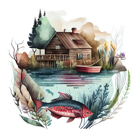 Watercolor fishing lodge, house on the lake illustration. Generative AIの素材