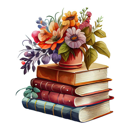 Watercolor stack of books with a flower vase illustration. Generative AIの素材