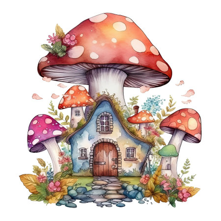 Watercolor whimsical mushroom house, fantasy fairytale illustration. Generative AIの素材