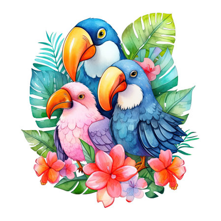 Watercolor exotic tropical birds family, summer, tourism, leaf illustration. Generative AIの素材