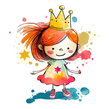 Watercolor cute princess, cartoon girl in dress illustration. Generative AIの素材