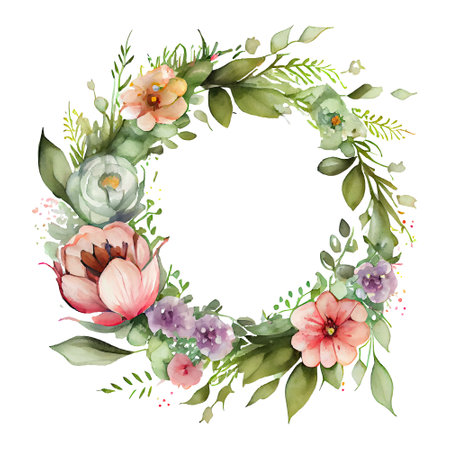 Watercolor floral wreath, spring and summer flowers, frame illustration. Generative AIの素材