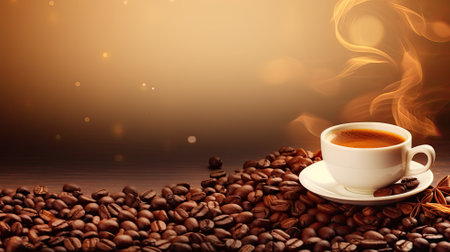 Cup of coffee, espresso, beans. Web banner with copy space. Generative AIの素材