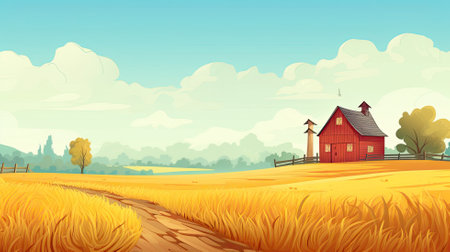 Cartoon farm, green field. Web banner with copy space. Generative AIの素材