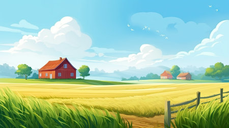Cartoon farm, green field. Web banner with copy space. Generative AIの素材