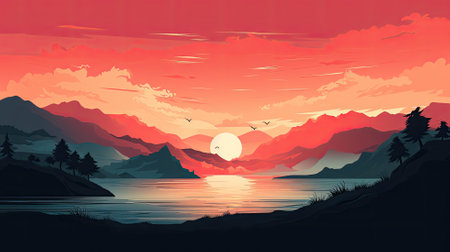 Sunset illustration. Web banner with copy space. Generative AIの素材