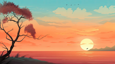 Sunset illustration. Web banner with copy space. Generative AIの素材