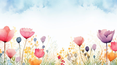 Watercolor flowers. Web banner with copy space. Generative AIの素材