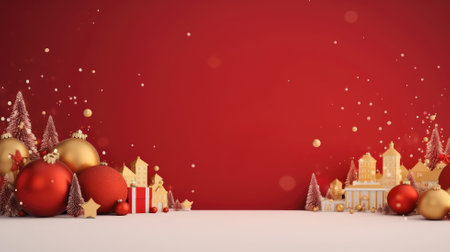 Christmas tree, city, houses, gift box, gold balls, snow, xmas decoration, New Year banner, red background with copy spaceの素材
