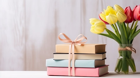 A stack of books with a flower vase. Web banner with copy space. Generative AIの素材