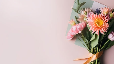 A bouquet of flowers with a tag, for Mothers Day, Birthday, Valentine's Day, romantic gift. Web banner with copy space. Generative AIの素材