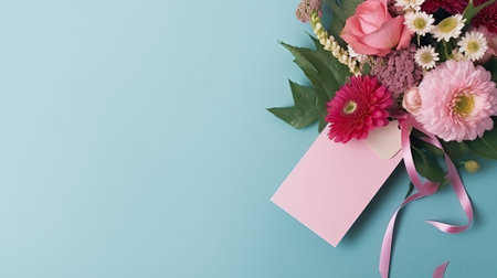 A bouquet of flowers with a tag, for Mothers Day, Birthday, Valentine's Day, romantic gift. Web banner with copy space. Generative AIの素材