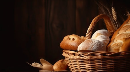 A basket of freshly baked bread. Web banner with copy space. Generative AIの素材