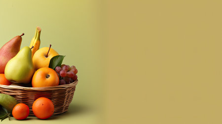 A basket of fresh fruit. Web banner with copy space. Generative AIの素材