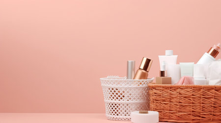 A basket of beauty products. Web banner with copy space. Generative AIの素材