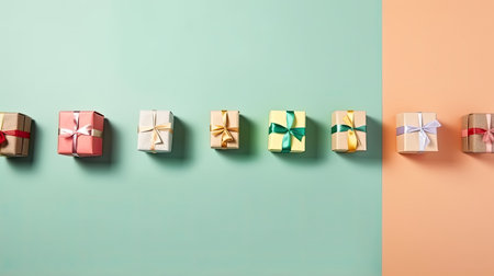 A collection of small gifts arranged in a decorative way. Web banner with copy space. Generative AIの素材