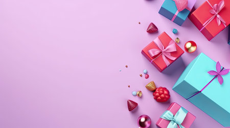 A collection of small gifts arranged in a decorative way. Web banner with copy space. Generative AIの素材