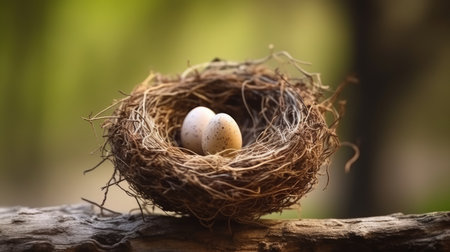 A small birds nest with eggs. Web banner with copy space. Generative AIの素材