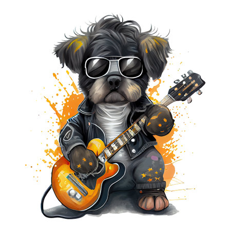 Watercolor cute rock-n-roll dog, puppy with guitar illustrationの素材
