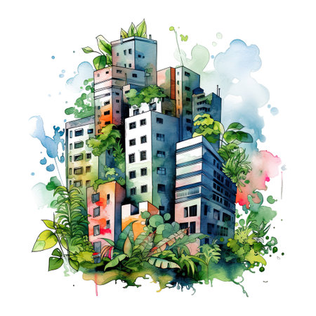 Urban Jungle, city, skyscrapers with lush foliage, cityscape designの素材