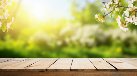 Wooden garden desk, fresh flowers, spring or summer landscape, blur backgroundの素材