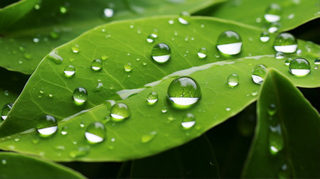 Water drops on green leaf, environment, macro, background closeupの素材