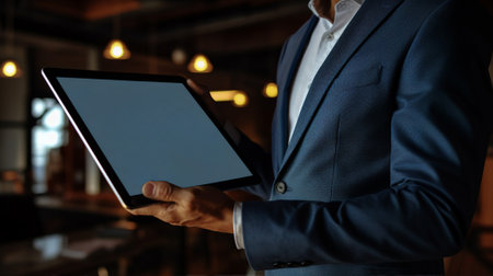 Business man holding tablet, finance report, technology and strategy conceptの素材