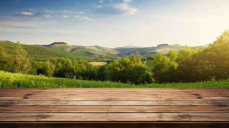 Wooden table, mountain and green field in backgroundの素材