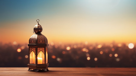 Ramadan, Eid, Mubarak, lamp or lantern light, night city background with bokehの素材