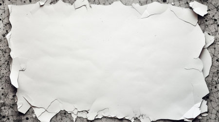 Frayed newsprint paper, black torn edge, rip texture, grey background with holeの素材