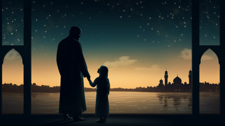 Family prayer, window view, Eid, Mubarak, Ramadan holidayの素材