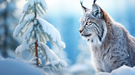 A wild lynx, its tufted ears perked, camouflaged against the snowy wilderness, watching intentlyの素材