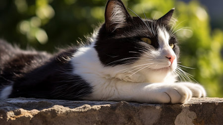 Black and white tuxedo cat lounging lazily on a stone wall, basking in the late afternoon sunの素材