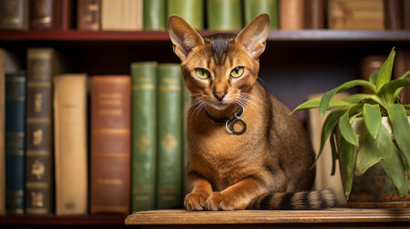 An Abyssinian cat perched on a bookshelf among old books, looking like a wise guardian of literatureの素材