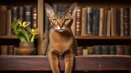 An Abyssinian cat perched on a bookshelf among old books, looking like a wise guardian of literatureの素材