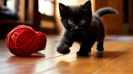 Black kitten playfully chasing a red ball of yarn on a hardwood floorの素材