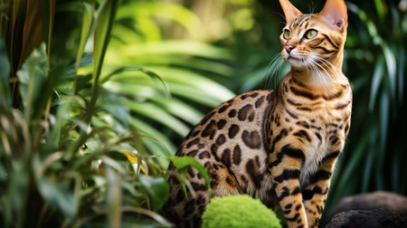 Bengal cat, its spotted fur reminiscent of a wild leopard, stands alert in a lush gardenの素材