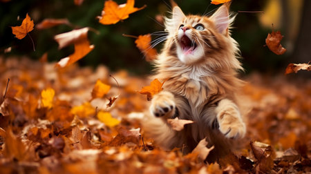 Maine Coon cat playfully batting at falling autumn leaves, a seasonal dance of joyの素材