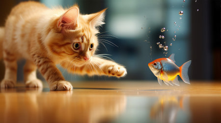 Cat's paw playfully tapping a moving goldfish in a clear bowl, showcasing the predator's playful sideの素材