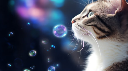 Cat entranced by a floating soap bubble, its iridescent colors reflecting in its eyesの素材