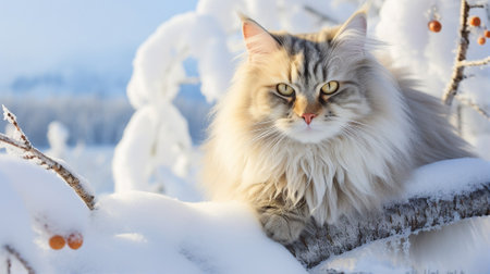 Maine Coon cat with majestic mane, perched on a snow - covered branch, amidst a winter landscapeの素材