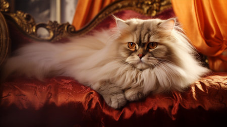 Persian cat reclining on a velvet cushion, its luxurious fur mirroring the opulence aroundの素材