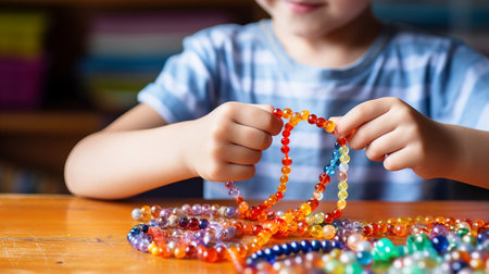 Child crafting with beads, a necklace of colors and creativity in the makingの素材