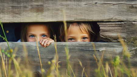 Children playing hide and seek, laughter echoing in the backdrop of an old barnの素材
