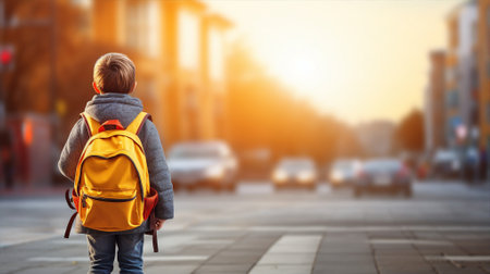 Child with a backpack, eagerly awaiting the school bus, a mix of nerves and excitementの素材